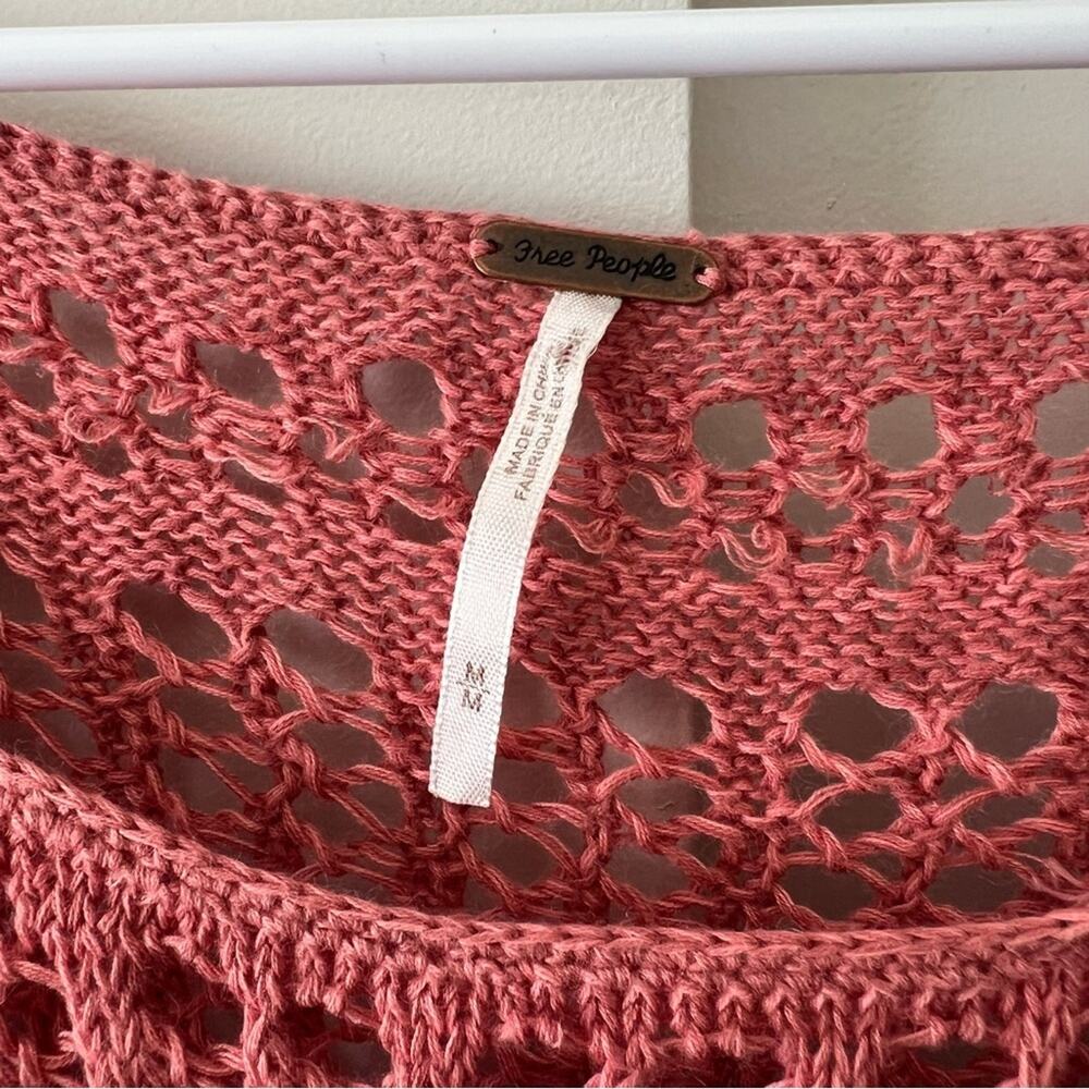 Free People Annabelle Crochet Pullover Fisherman Boho Sweater Coral Pink Medium - Picture 8 of 10